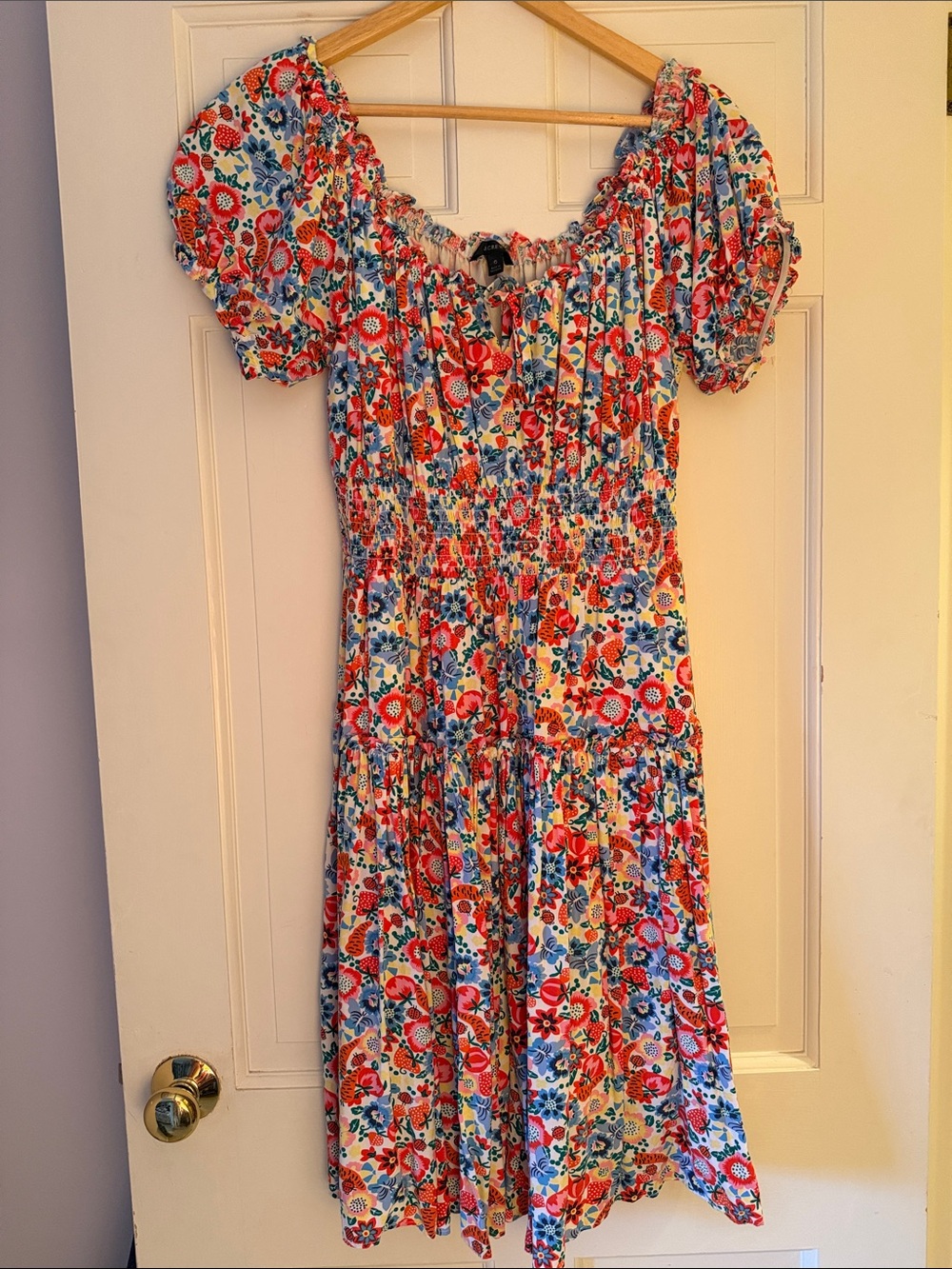 J. Crew Floral Smocked Midi Dress in Red, Blue & White